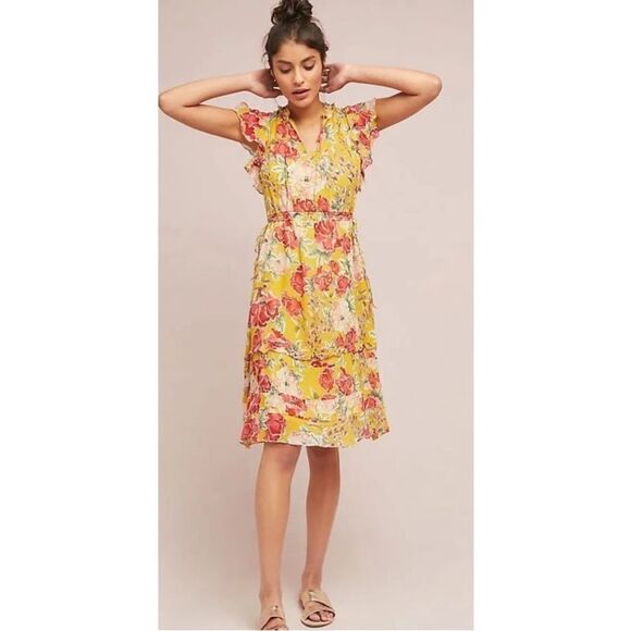 Anthropologie Dolan Ellory Dress Yellow Flutter Sleeve Left Coast XS P - Picture 1 of 7